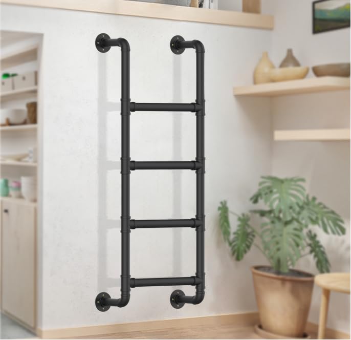 4-Rung Wall Mounted Metal Step Ladder, Basement Window Well Egress & Fire Emergency Escape Ladder, for High Entrance Attic Egress Ladder, Bunk Bed Climbing(355LBS Load Capacity, Matte Black)