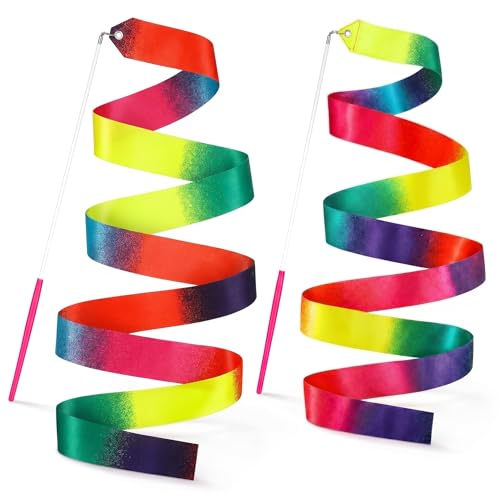 2Pcs Colorful Dancing Ribbons with Wands - Neon Rainbow Gradient