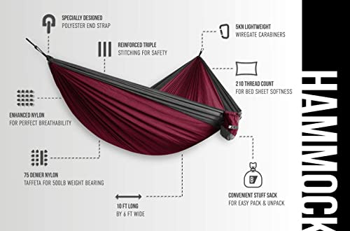 Bear Butt Double Camping Hammock - Maroon & Charcoal Portable 2-Person Hammock for Backpacking & Outdoor Travel