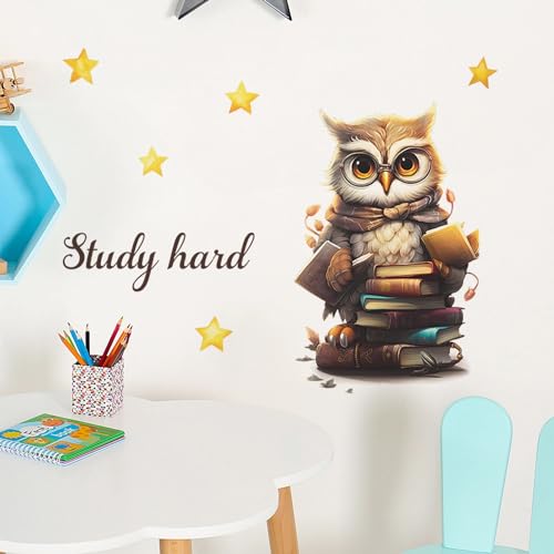 Cute Owl Books Stars Educational Wall Stickers, sacinora Study Hard Reading Corner Wall Decals Removable Vinyl Peel and Stick for Kid Baby Boy Girl Study Room Bedroom Classroom Nursery Art Decor