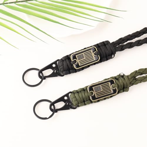 Heavy Duty Braided Paracord Lanyard Keychains - 2pcs Black+Green with USA Flag