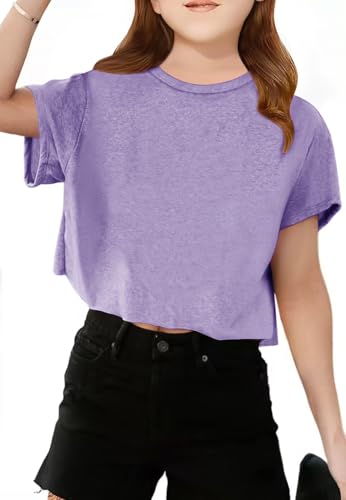 Girls Short Sleeve Crop Top - Athletic Crew Neck Basic Tee - Purple, 5-6Y