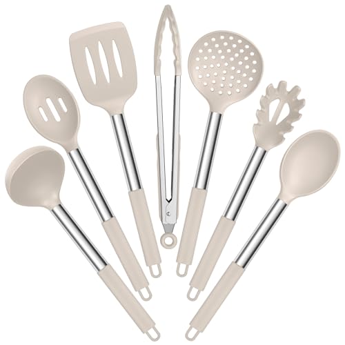 E-far 7-Piece Silicone Cooking Utensil Set Khaki Food-Grade Heat-Resistant Kitchen Tools