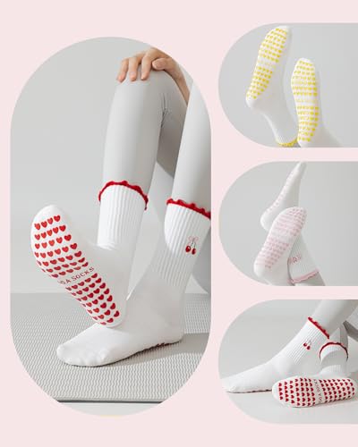 Non-Slip Pilates Grip Socks with Ruffle Trim - Strawberry, One Size