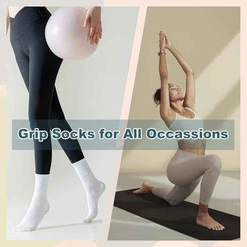 Grippy Pilates Socks for Women - 3 Pairs White Non-Slip Yoga Socks