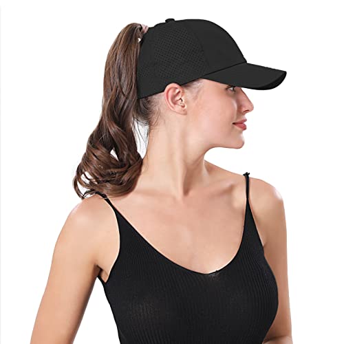 BUTITNOW Women's Medium Black Criss Cross Ponytail Baseball Cap - Adjustable Mesh Trucker Hat