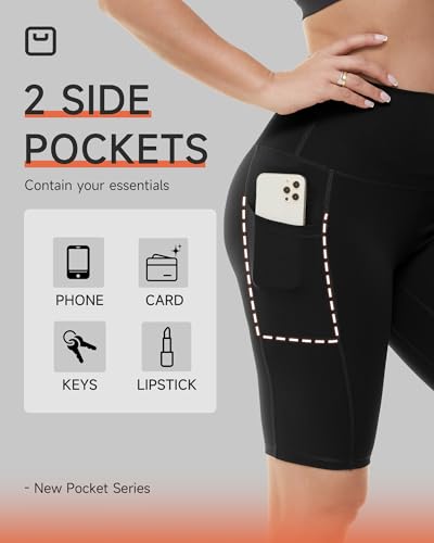 High Waisted Biker Shorts for Women with Pockets - Black Spandex