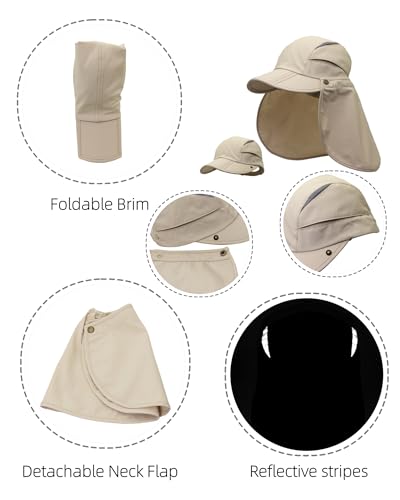Large Khaki Men Women Safari Fishing Sun Hat with Removable Neck Flap UPF 50+ UV Protection, Quick Dry Breathable