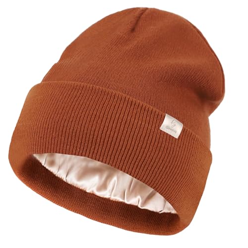 Satin Lined Beanie - Warm Silk Lined Hat for Winter - One Size Caramel