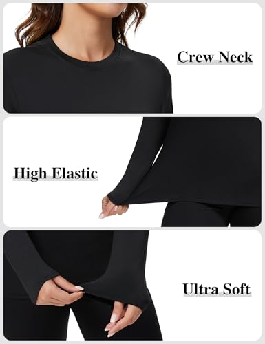 Kinglaman Women's Thermal Fleece Lined Long Sleeve Shirts 5 Pack - Black, White, Heather Grey, Large