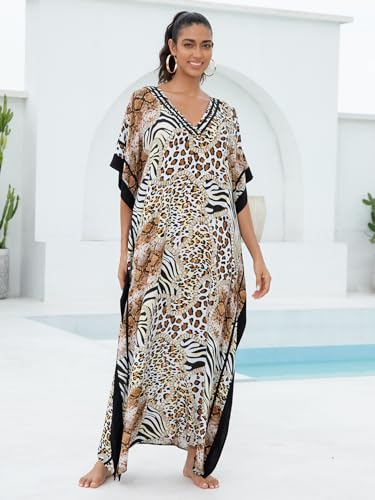 KECVOT Plus Size Zebra Leopard Kaftan Dress for Women V-Neck Swimsuit Cover Up