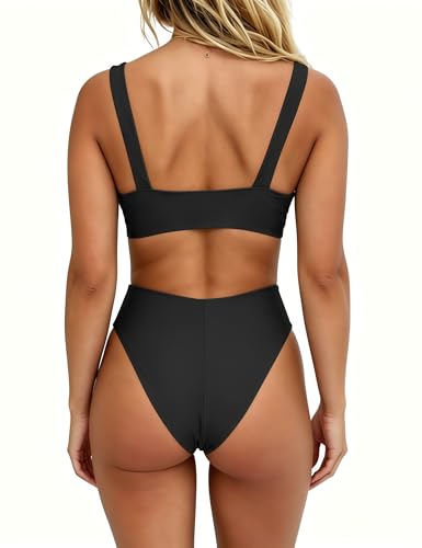 Solid V Neck Knot Front Push Up High Leg Thong Bikini Set - Black, Medium