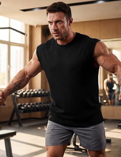JMIERR Men's X-Large Black Textured Sleeveless Tank Top for Workout & Gym