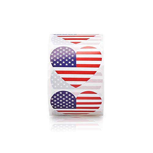 500-Count American Flag Stickers - Heart Shaped, 1.25 x 2.125 Inches