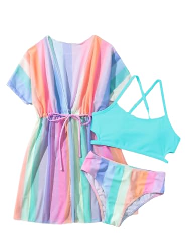 Girls 3-Piece Striped Multicolored Bikini Set with Cover Up - Ages 6-14