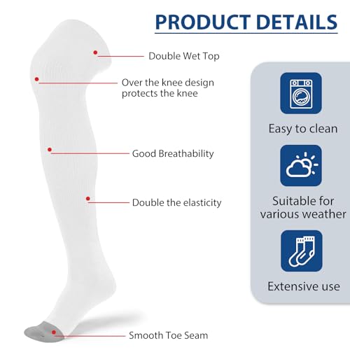 Over the Knee Baseball Socks - Extra Long Soccer Socks - White, X-Large