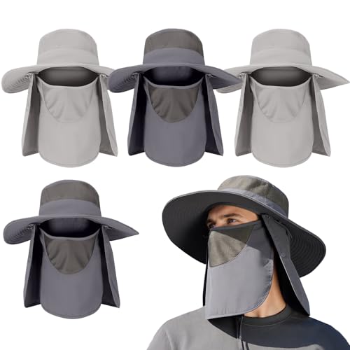 4 Pack Sun Hats for Men Women UPF 50 Wide Brim Bucket Hat with Removable Neck Curtain - Light Gray & Gray