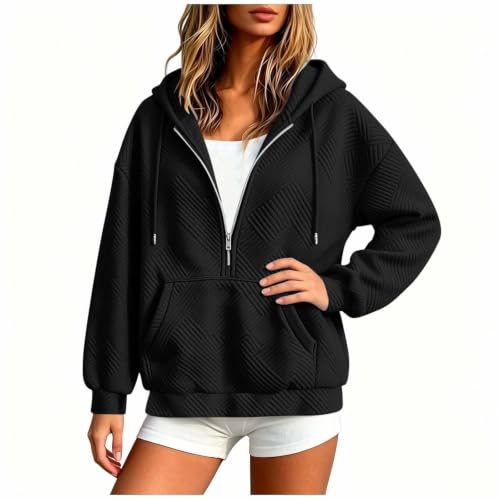 Geometric Jacquard Half Zip Hoodie - Women's Casual Pullover - Large/Black
