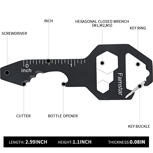 Keychain Multi-Tool 3-Pack - Metal Pocket Tool Wrench & Ruler - Black
