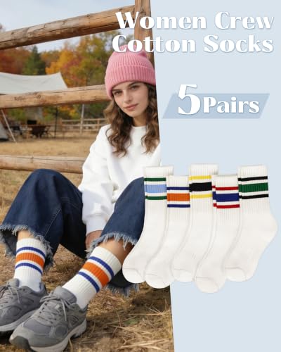 iCamter 5 Pairs Striped Crew Socks for Women