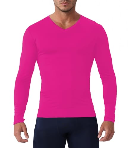 Men's V Neck Compression Shirt - Long Sleeve Workout Top - Hot Pink, Small