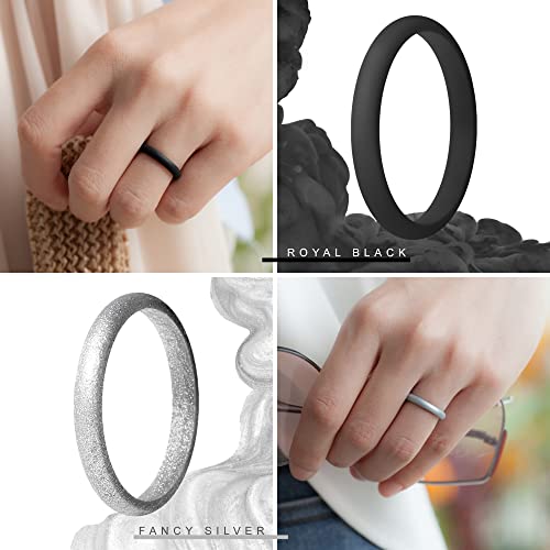 Stackable Silicone Wedding Rings for Women - Metallic Frost Silver, White, Green, Black & Teal Glitter