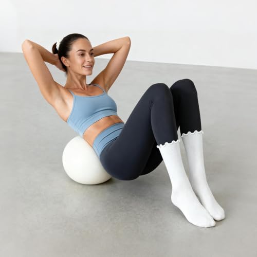 Pilates Socks with Grips - 3 Pairs Non-Slip Ruffle Ankle - White & Black