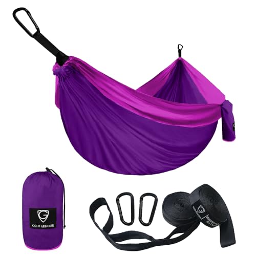 Gold Armour Portable Camping Hammock - Upgraded Purple & Fuchsia Single Hammock, Lightweight & Durable for Outdoor & Indoor Use