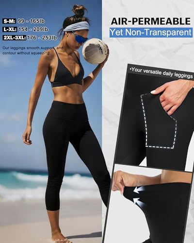High Waisted Capri Leggings for Women - Tummy Control, Pockets - Black, Small-Medium