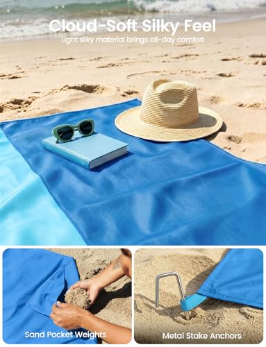 Lamicall Oversized 7.4x7.4 FT Sandproof Waterproof Beach Blanket, Lightweight & Quick Dry, Blue