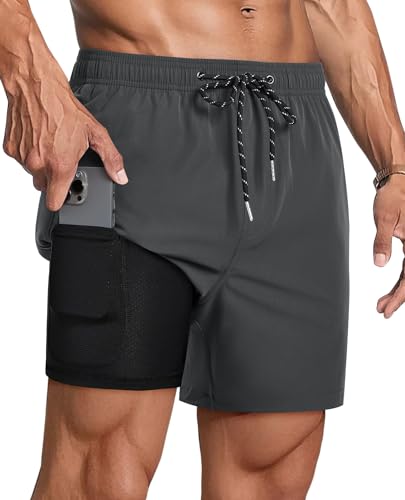 Gleeease Men's 5-Inch Swim Trunks with Compression Liner, X-Large, Dark Grey