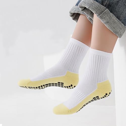 Kids Soccer Grip Socks - Anti Slip Athletic Crew Socks, 6 Pairs, 4-8 Years, White