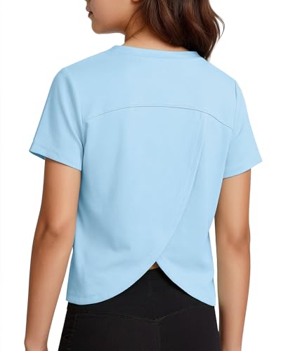 Girls Athletic T-Shirt - Split Open Back, Quick Dry, Blue, 7-8 Years