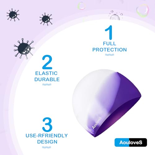 Kids Swim Cap - 2 Pack Silicone Swimming Caps for Long Hair - Pink & Bright Purple