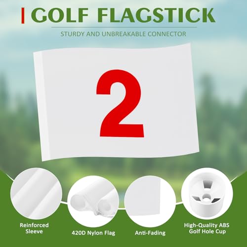 Burbell White 6ft Golf Flag Stick Set with 3 Nylon Flags and Hole Cups - Backyard Practice Accessories