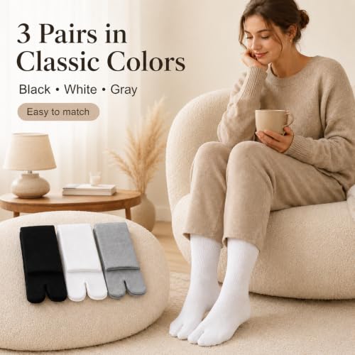 Tabi Socks - 3 Pairs Soft Cotton Split Toe Crew Socks