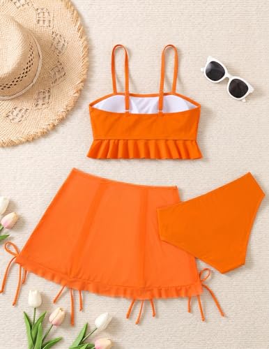 Girls 3-Piece Ruffle Tankini Swim Set with Skirt - Orange, 11-12 Years