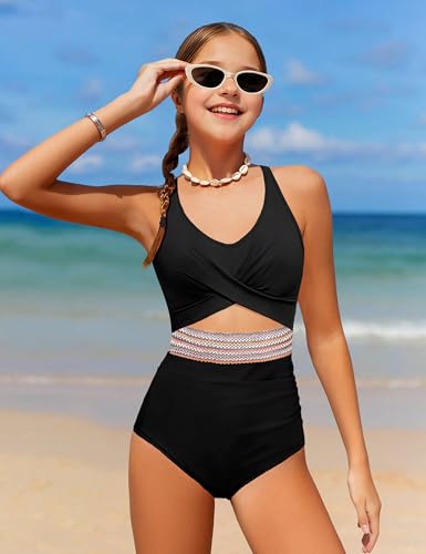 Girls Color Block One-Piece Swimsuit - Criss Cross V-Neck - Black 9-10Y