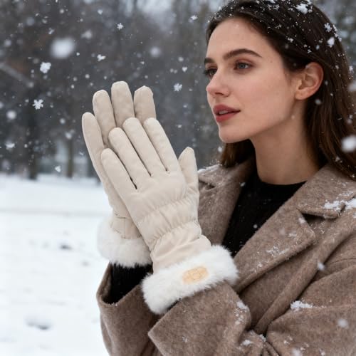 Windproof Winter Ski Gloves - Water-Resistant Thermal Medium Beige