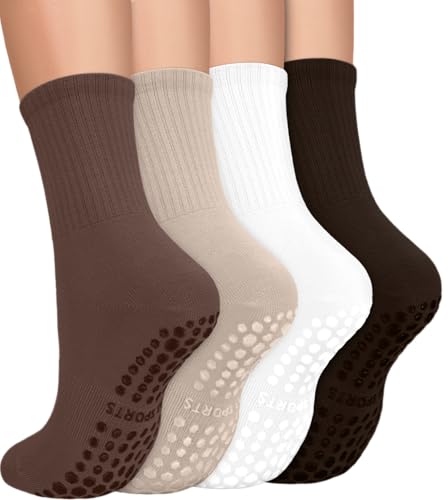 YeuG Non-Slip Pilates Socks for Women - Small-Medium, Brown & Beige, 4 Pairs