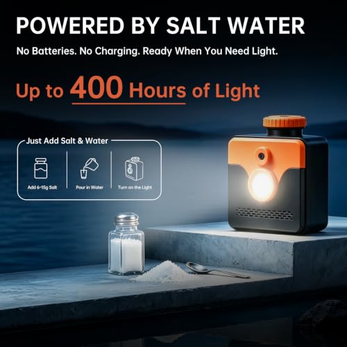 Saltwater Emergency Light with 400-Hour Battery-Free LED, No Charging Needed, Camping & Survival