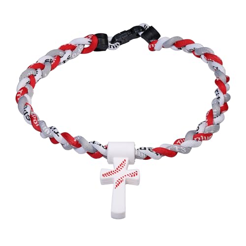 Baseball Rope Necklace with Silicone Cross - Red-Gray-White, 16 inches