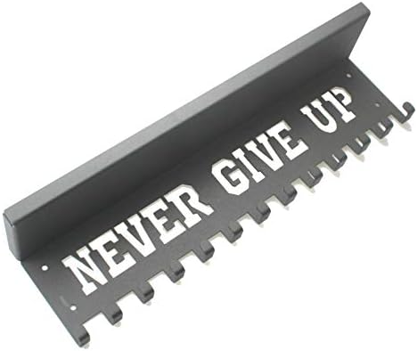 Never Give Up Medal Hanger | Trophy Display Shelf with Hooks - Easy Install Wall Rack (Black)