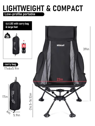 WildCall Black Lightweight Folding Camping Chair with Anti-Sinking Feet & 3-Position Recline