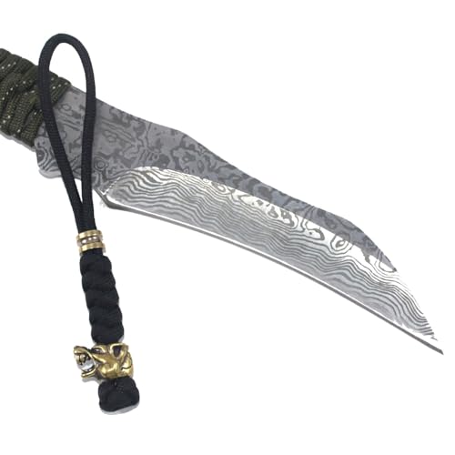 5-Inch Knife Lanyard with Brass Wolf Bead Paracord Keychain - Black