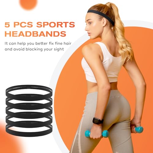Thin Sports Headbands - 5 Pack Elastic No-Slip Hair Bands - Black