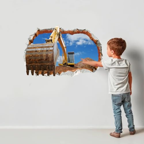 iinuu 3D Excavator Wall Decal, Construction Truck Crashing Through Wall Sticker for Boys¡¯ Room, Nursery or Playroom, Smashed Concrete Effect Wall Art