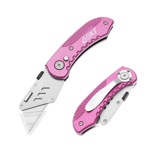 Utility Knife Folding Safety Lock & Quick Change with 10 Extra SK5 Replacement Blade Lightweight Aluminum Handle & Pocket Clip Multi-Use Box Cutter Office Home Art Diy Great Gift Choice (Pink)