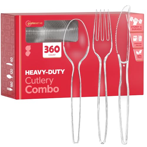 GUSTO 360 Count Combo Heavyweight Clear Plastic Cutlery Set: 180 forks, 120 spoons, 60 knives