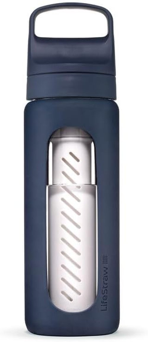 LifeStraw Go Series - Hand-Blown Glass Water Filter Bottle with Silicone Sleeve | 20oz, Aegean Sea